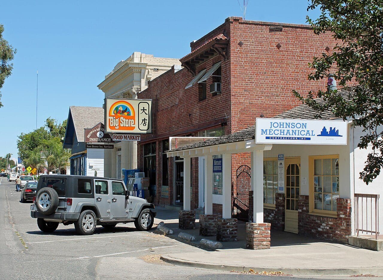The brick storefronts of the Old Town Elk Grove historic district on Elk Grove Boulevard